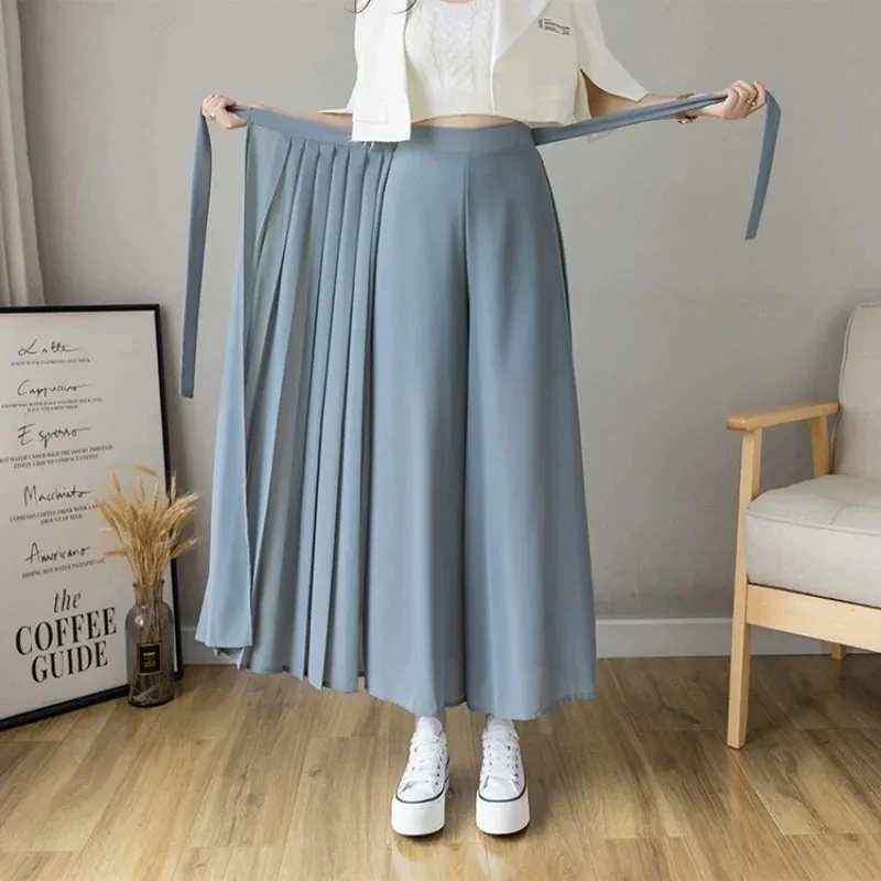 2025 Spring Summer New Style Korean Women Pleated Chiffon Trousers High Waist Pants Hakama Casual Wide Leg Pantalones – AliExpress