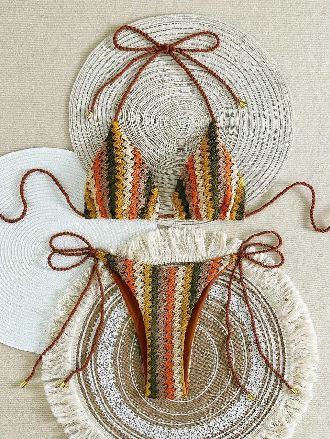 Para Praia Crochet Halter Bikini 2025 Knitted Bikini Women Swimwear Sexy Women Swimsuit Brazilian Biquini Bandage Bathing Suit – AliExpress
