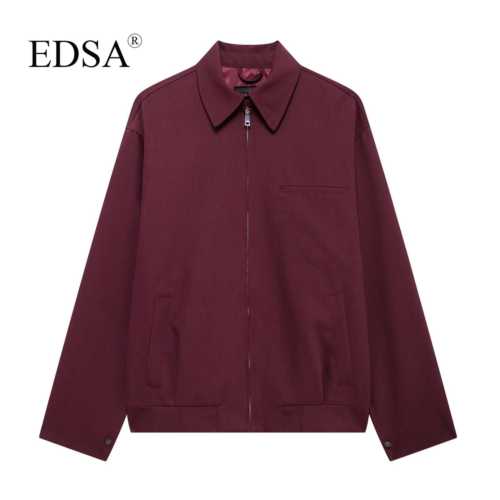 EDSA Women Vintage Loose Zipper Jacket Lapel Burgundy Color Jacket New 2024 Autumn Fashion Versatile Street Outwear Jacket – AliExpress 200000345