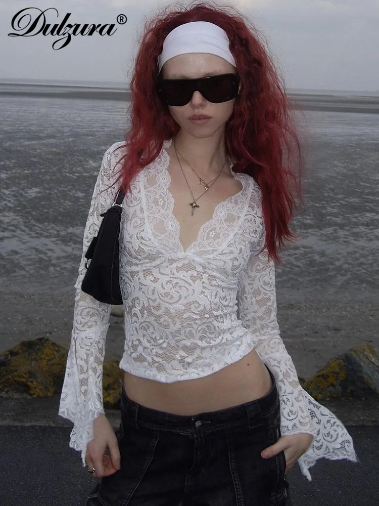 Dulzura V-Neck Long Slit Flare Sleeves Lace T-Shirt See Through Sexy Crop Top Party Clubwear Autumn Winter Y2K – AliExpress