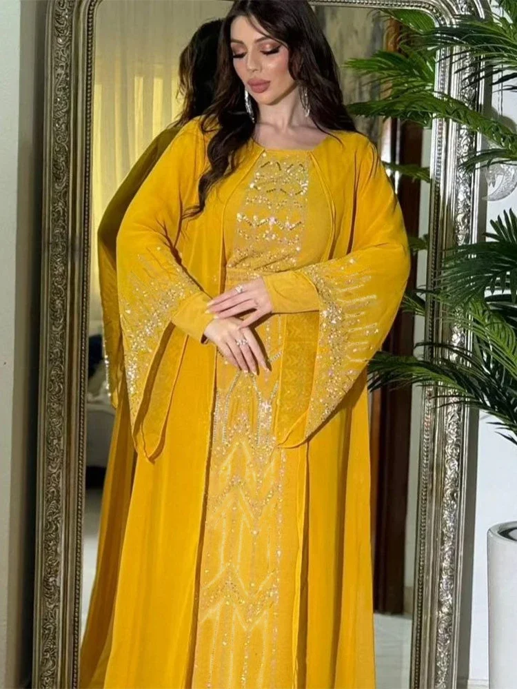 Eid Muslim Party Dress for Women Fake 2 Piece Diamond Ramadan Abaya Belt Flare Sleeve Kaftan Vestidos Largos Dubai Robe Jalabiya – AliExpress
