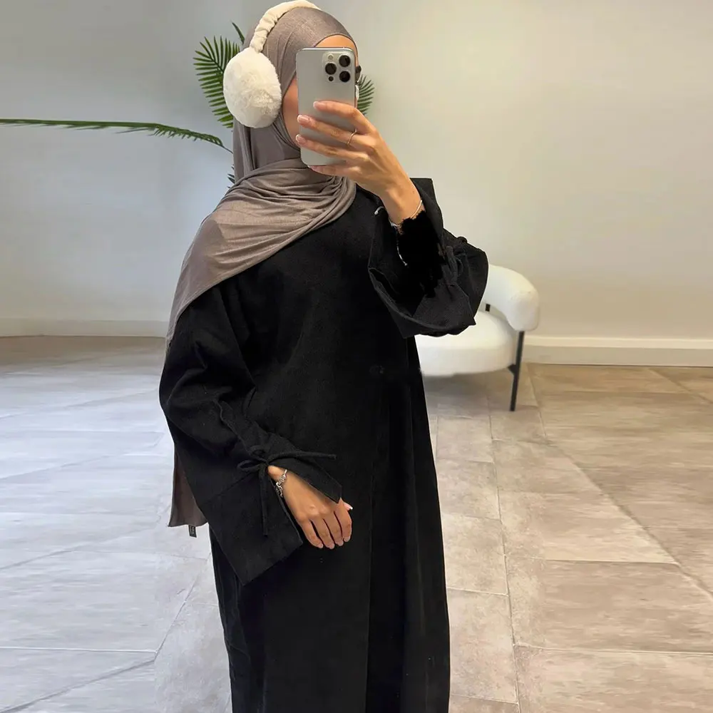 Women’s corduroy abaya , Muslim dress, sleeves with bow tie, modest prayer clothes, winter