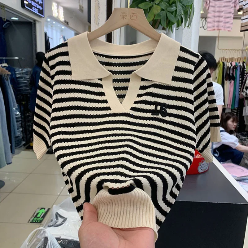 Women Short Sleeve Striped Polo Shirts Summer T-shirt Hollow Out Contrast Colors Patchwork Korean Fashion Casual Versatile Tops – AliExpress