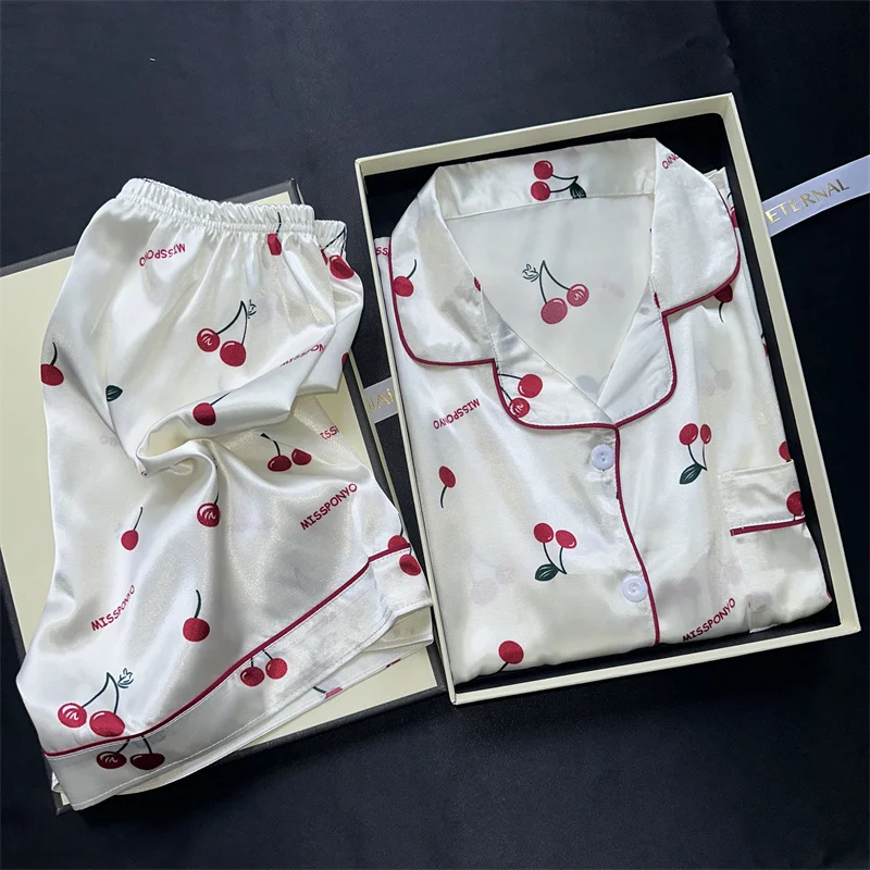 Cherry Print Pajamas Set for Women Summer Satin Two Piece Sleepwear Short Sleeve Shirt and Shorts Casual Fashion Homewear – AliExpress 200574005
