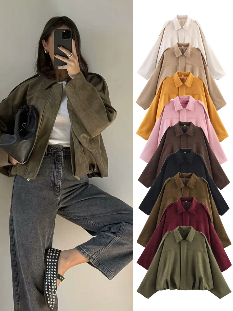 TFMLN Women Suede Bomber Jacket Spring New Fashion Long Sleeve Zipper Oversize Solid Bomber Coat Chic Lady 2025 Streetwear – AliExpress