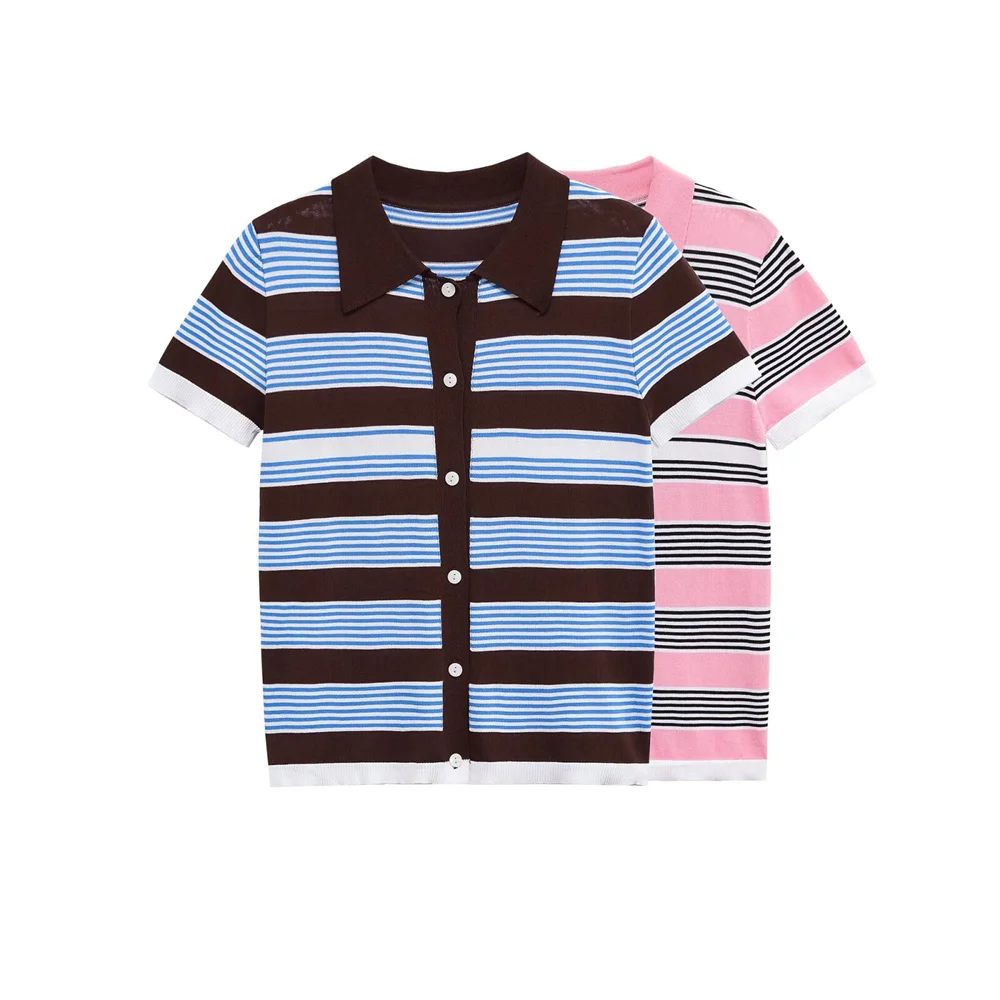 women’s summer new casual versatile buckle closed striped short sleeved knitted polo shirt collar top – AliExpress