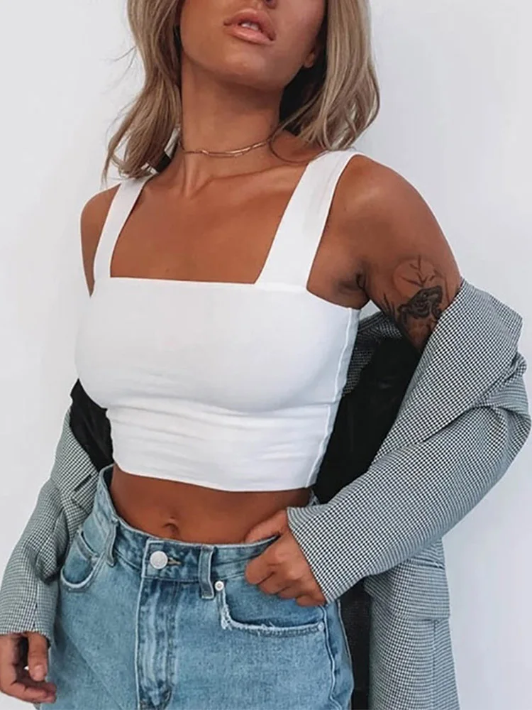 Square Neck Sleeveless Summer Crop Top White Women Black Casual Basic T Shirt Off Shoulder Cami Sexy Backless Tank Top – AliExpress