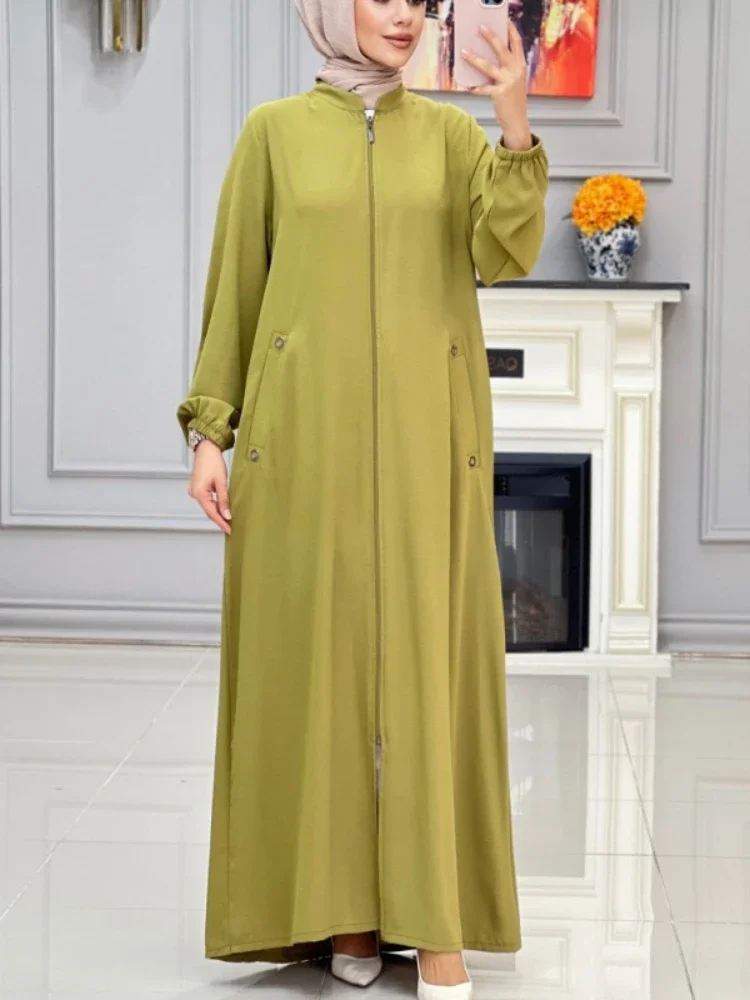 Eid Muslim Party Dress for Women Stand Collar Ramadan Abaya Long Dress Zipper Up Pocket Vestidos Largos Dubai Robe Jalabiya 2024 – AliExpress