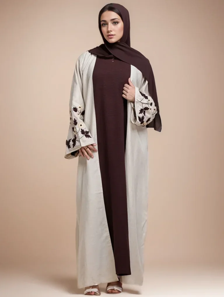 Apricot-colored Muslim abaya with exquisite floral cuff embroidery, a blend of timeless elegance and fashion for Islamic Ramadan