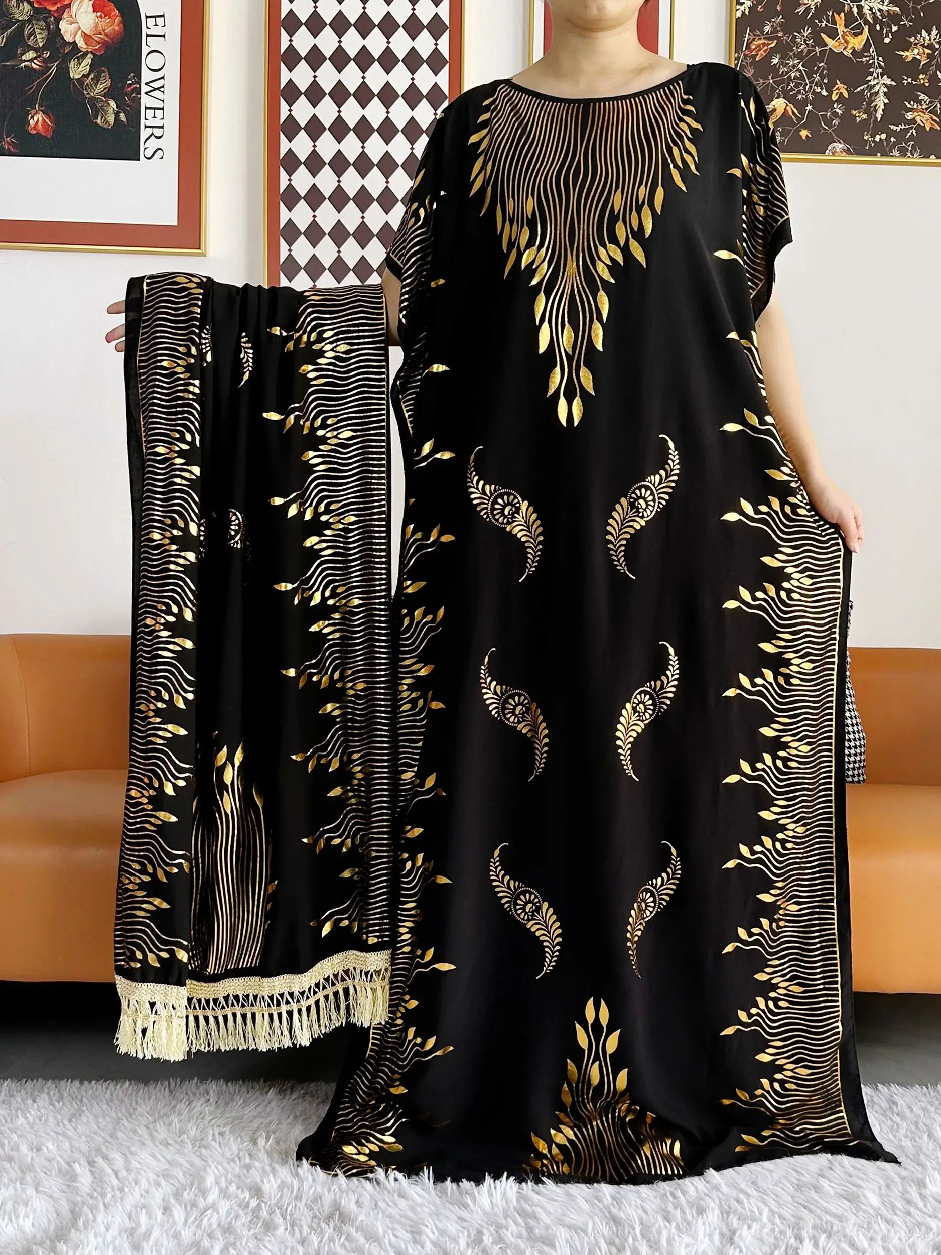 2023 Summer Short sleeve Dress Pure Cotton Gold Stamping Loose Abaya Maxi Islam Dress with Tassels Big Scarf African Long Dress – AliExpress