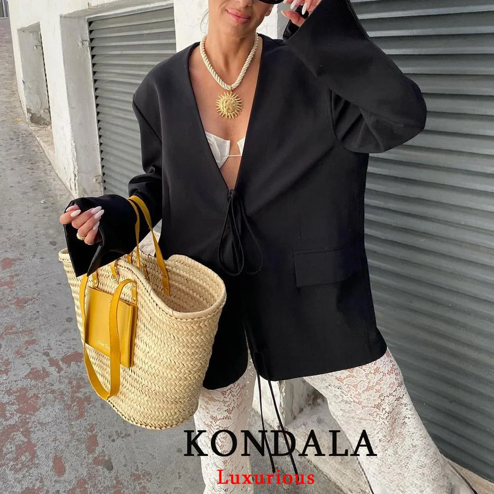 KONDALA Casual Oversized Black Blazer Women V Neck Bow Tie Pockets Loose Jackets Fashion 2025 Fall Streetwear Women Outwears – AliExpress