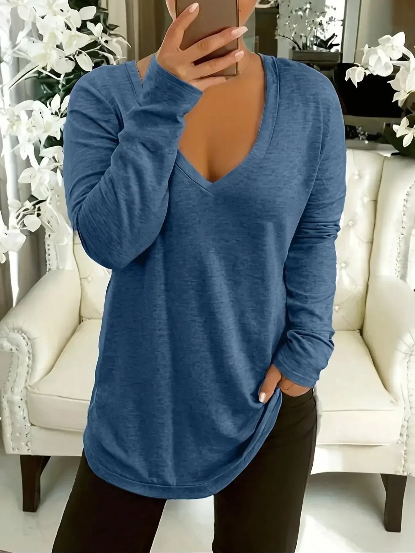 Plus Size  Women’s Solid Color  Fashion V-neck Long Sleeved T-shirt Ladies Casual Simple T-shirt – AliExpress 200000345