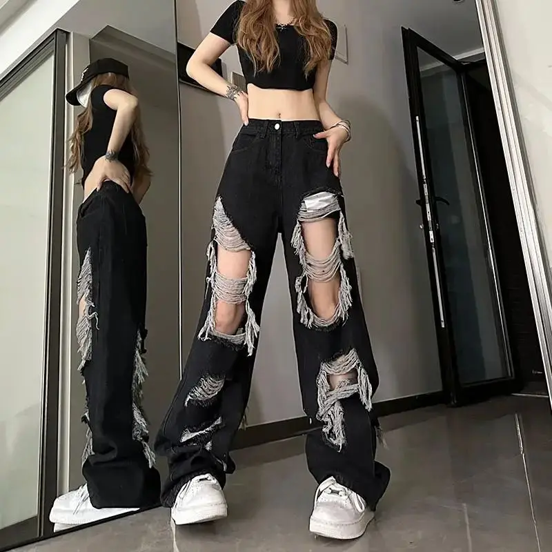 New Y2k front-to-back ripped distressed jeans, all-match style, high-waisted, straight-leg, wide-legged, street-style hip-hop pants – AliExpress