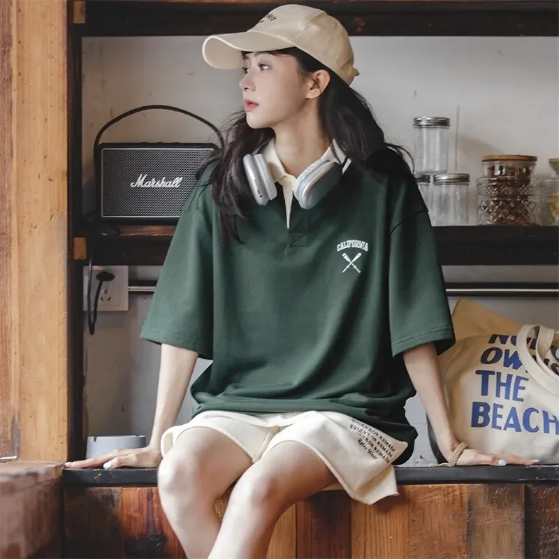 Maden Vintage Lapel College Short Sleeve Polo Shirts for Women Loose Knitted Big Size Golf Tee 2023 Summer Casual Cotton T-shirt – AliExpress