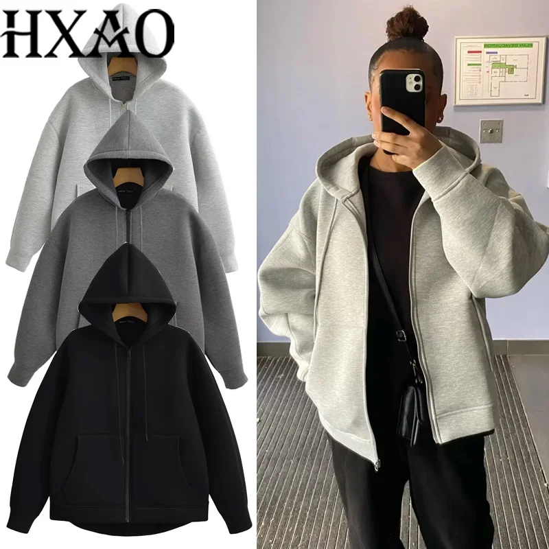 HXAO Hoodie Woman Outerwears Long Sleeve Demi-Season Women Jacket Coat Casual Sweatshirt With Zipper Grey Black Jacket Coats – AliExpress