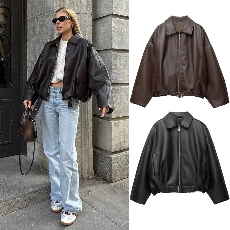 Vintage PU Leather Bomber Jackets 2025 Autumn New Ladies Zipper Lapel Long Sleeve Pocket Coat With Belt Women’s Loose Streetwear – AliExpress