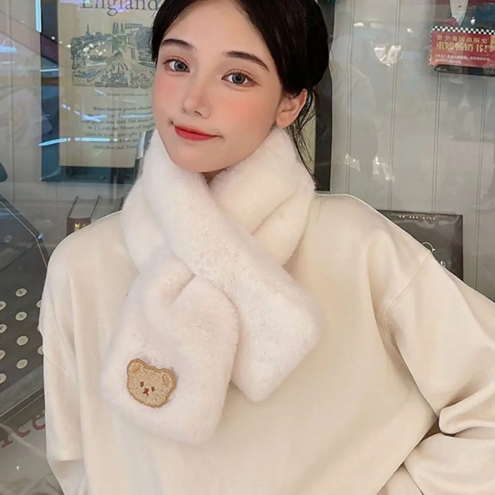 Women ‘s Winter Warm Thickened Cross Neck Scarf Cute Bear Solid Color Faux Rabbit Fur Plush Elegant Shawl Scarves