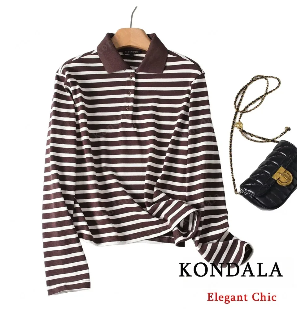KONDALA Elegant Lady Brown Stripes Polo Shirts Lapel Long-sleeved Shirt 2025 Spring Fall Fashion High Street Commute Women Shirt – AliExpress