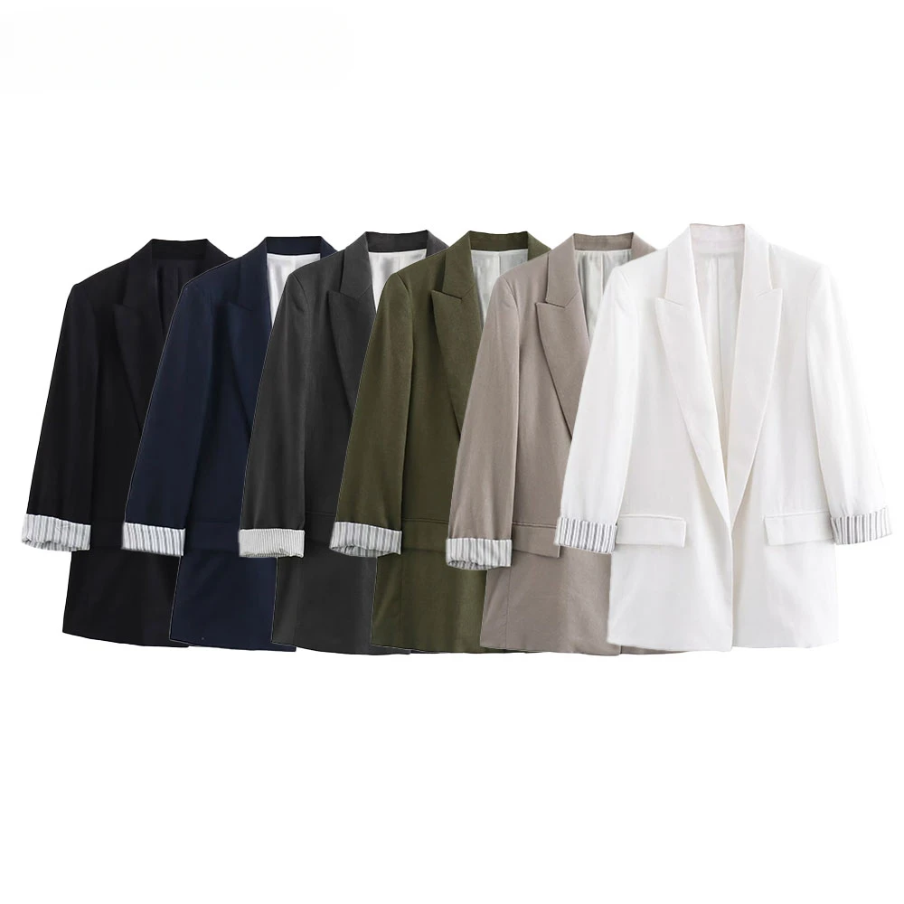 ASDS Women Fashion Solid Linen Blazer Notched Collar Long Roll up Sleeves Female Chic Office Lady Business Outfits – AliExpress