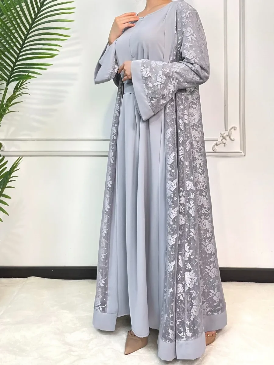 Ramadan Eid Prayer Lace Abaya 2 Piece Set Inner Dress Women Flare Sleeve Long Abayas Kaftan Djellaba Dubai Party Vestidos 2024