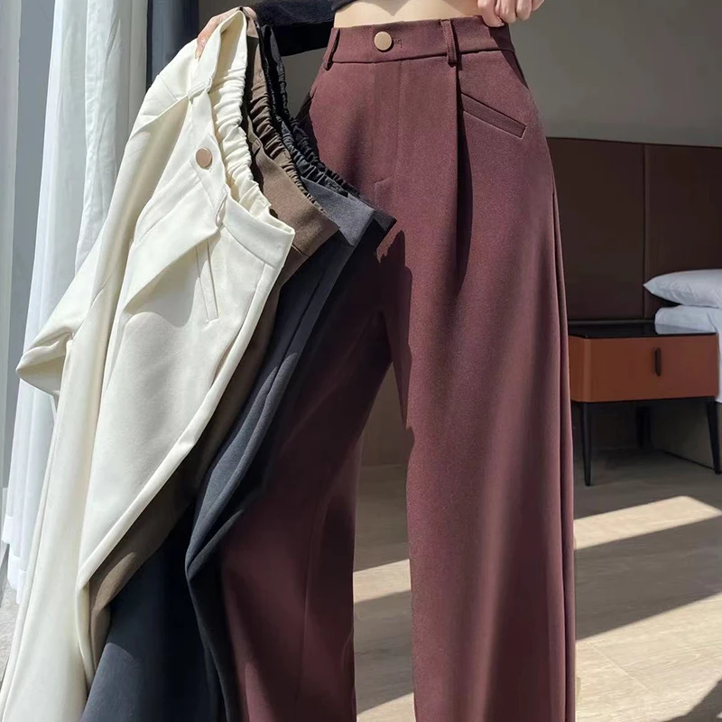 Seoulish Autumn Elegant Women’s Wide Leg Pants 2024 New Korean Solid Button Casual Loose Office Full Length Trousers Female – AliExpress