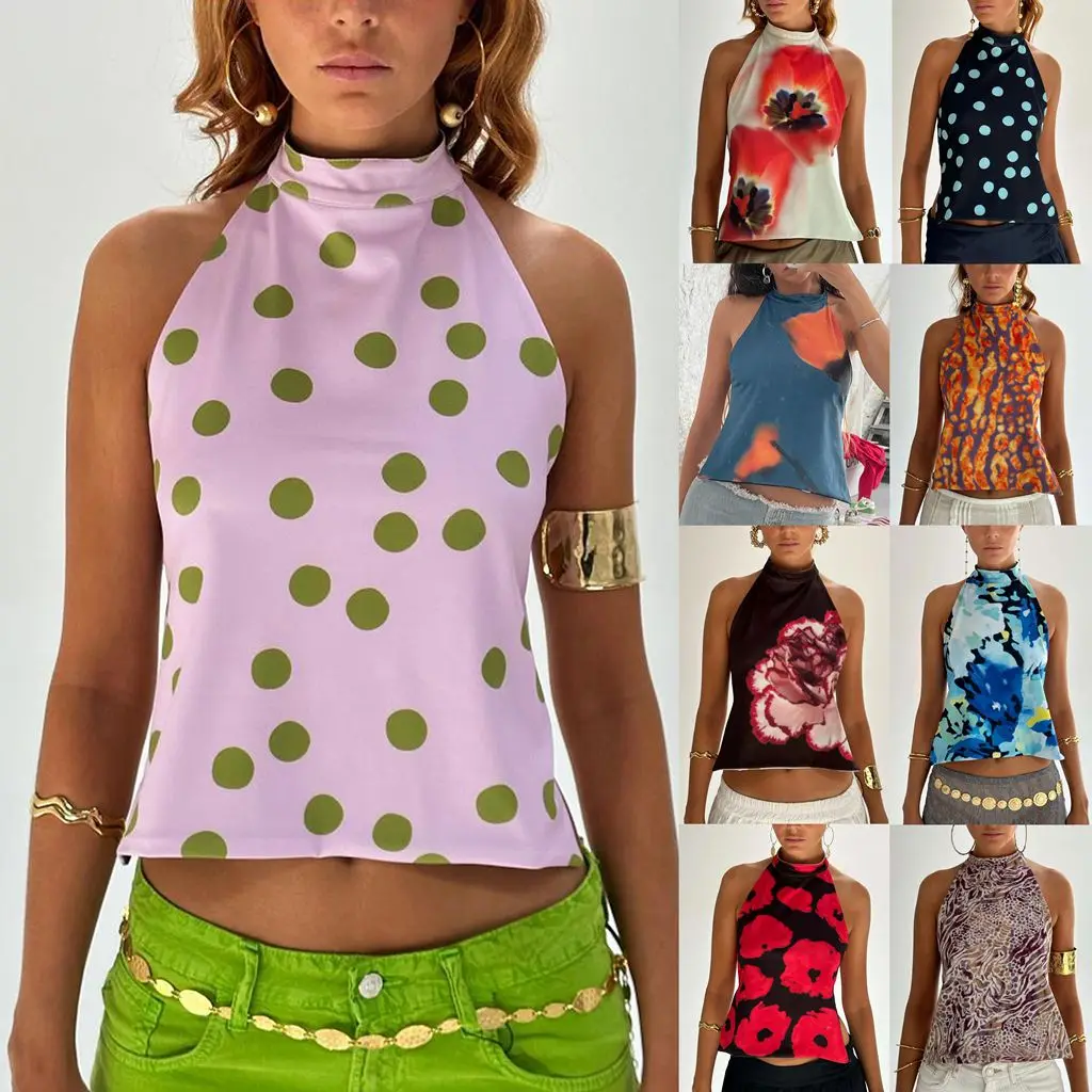 Combhasaki Women’s Y2K Button Closure Halter Neck Crop Tops Sleeveless Backless Aesthetic Dots/Tie-dye Flower Print Summer Vests – AliExpress