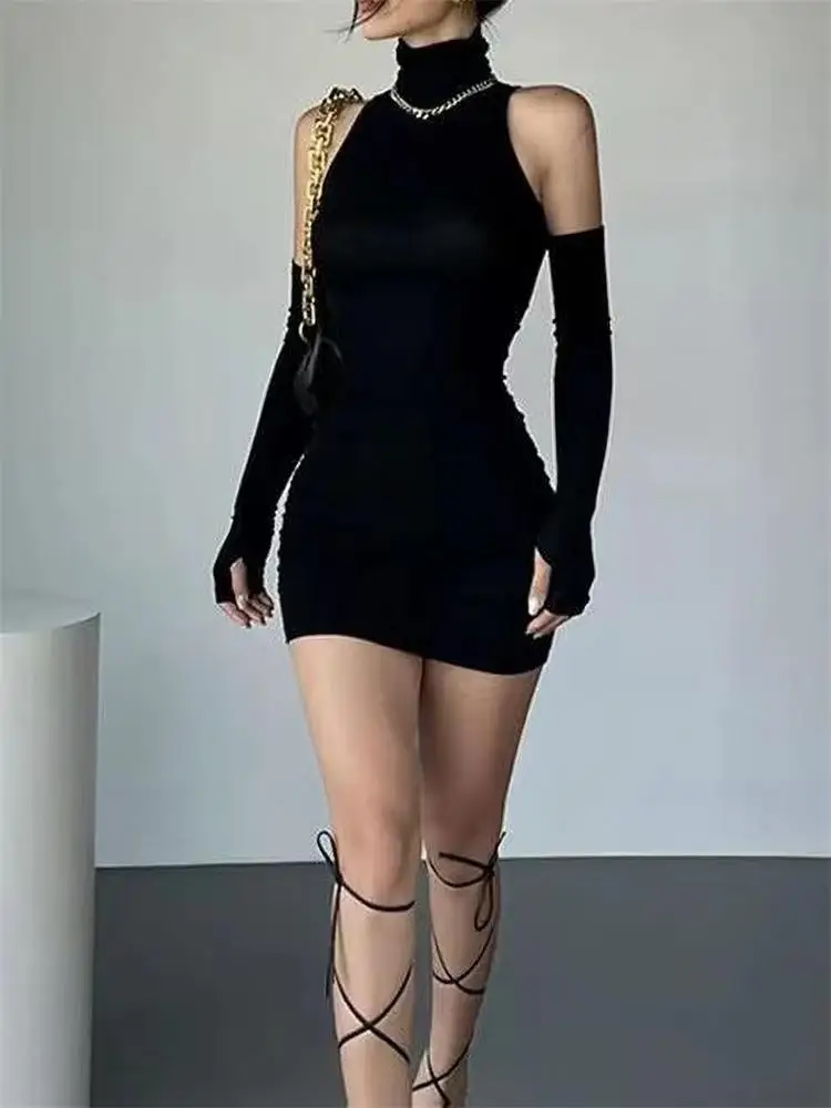 Women’s Ruched Bodycon Dress , Turtleneck Mini Dress with Sleeves, Black, Slim Fit, Stretchy, Evening Wear, Y2K Fashion, Autumn – AliExpress