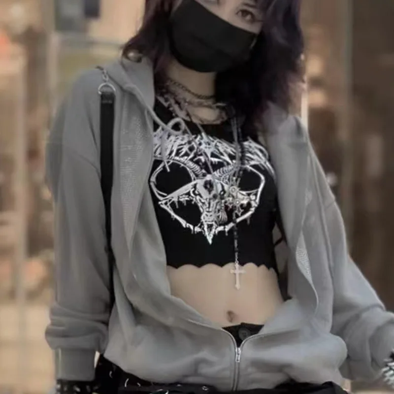 Gothic Knitted Punk Black Tank Tops Mall Goth Grunge Goat Print Harajuku Women Crop Tops Skinny Sleeveless Streetwear – AliExpress