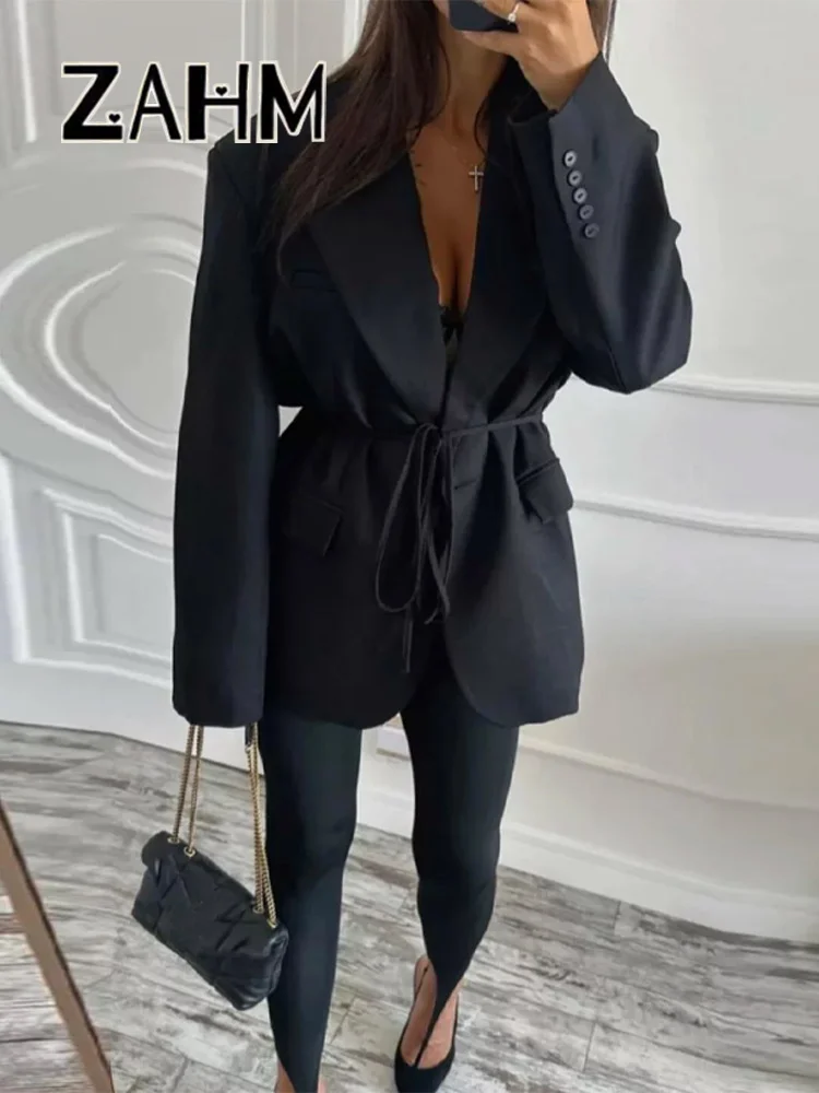 Casual Belt Loose Women Blazer Single Button Long Sleeve Lapel Solid Female Coats 2025 Autumn Lady Street Outwear New – AliExpress