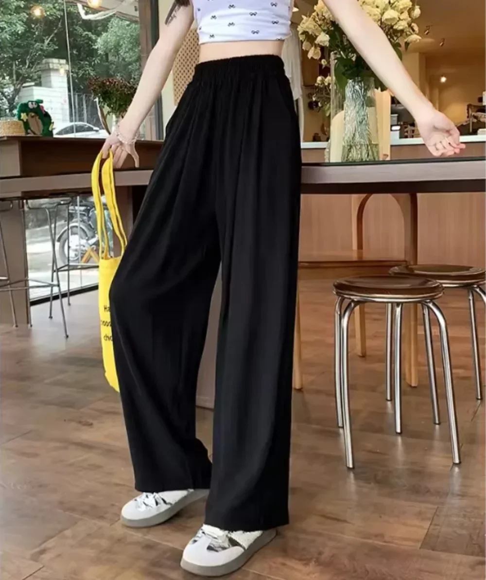 Solid color Women Ankle-Length Wide Leg Pants Casual Summer Elastic Waist Loose Ice Silk Pants Spring Summer Female Trousers – AliExpress