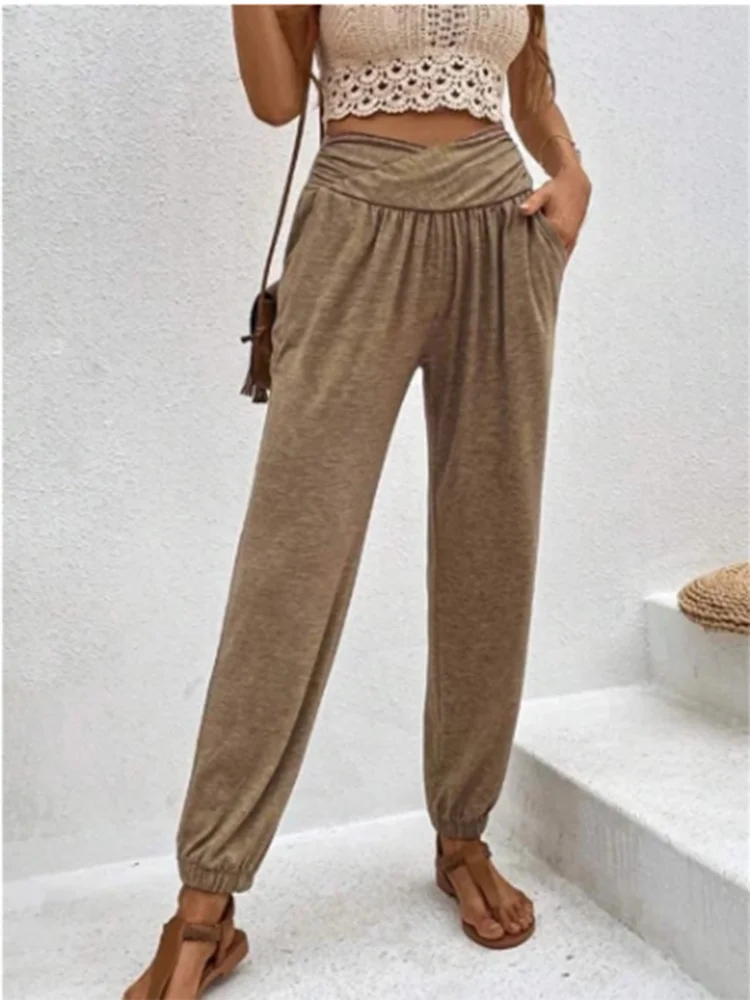 High Waist Pocket Elastic Pants Women’s Solid Color Trousers Fashion Autumn Long Pants – AliExpress