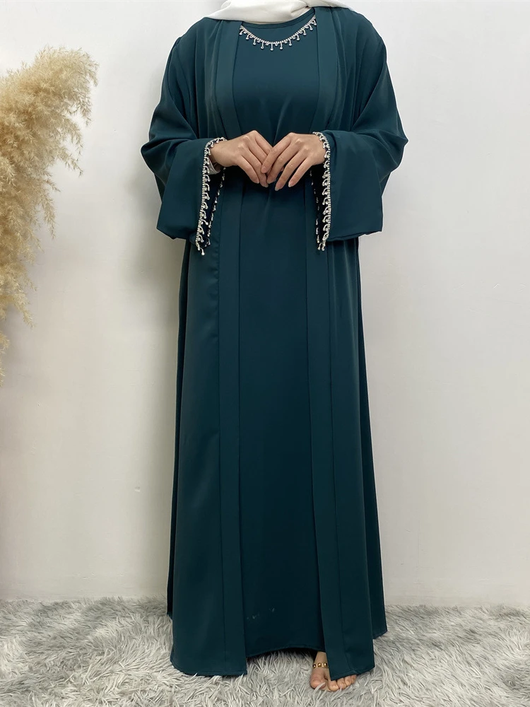 Eid Muslim Abaya Women 2 Piece Set with Inner Dress Diamond Kimono Cardigan Ramadan Abayas Kaftan Dubai Long Robe Vestidos Largo – AliExpress 200000345