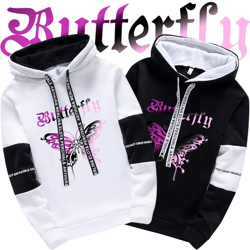 Girls Urban Fashion Loose Coat Butterfly Letter Print Hoodie for Woman High Grade Y2K Korean Style Hooded Long Sleeve Sweatshirt – AliExpress