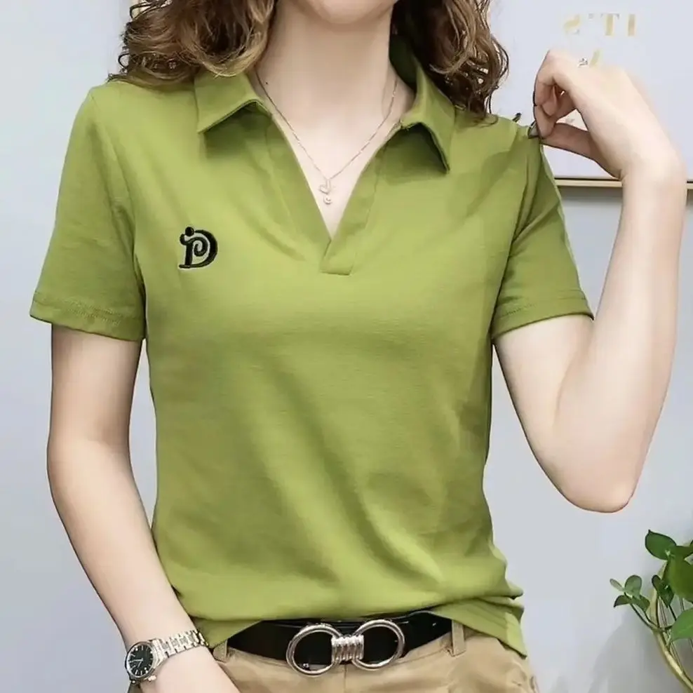 Polo T Shirt for Women Short Sleeve New Summer V-neck Letter Pullover Knitted Tees Female Clothing Plus Size Ladies Tops – AliExpress