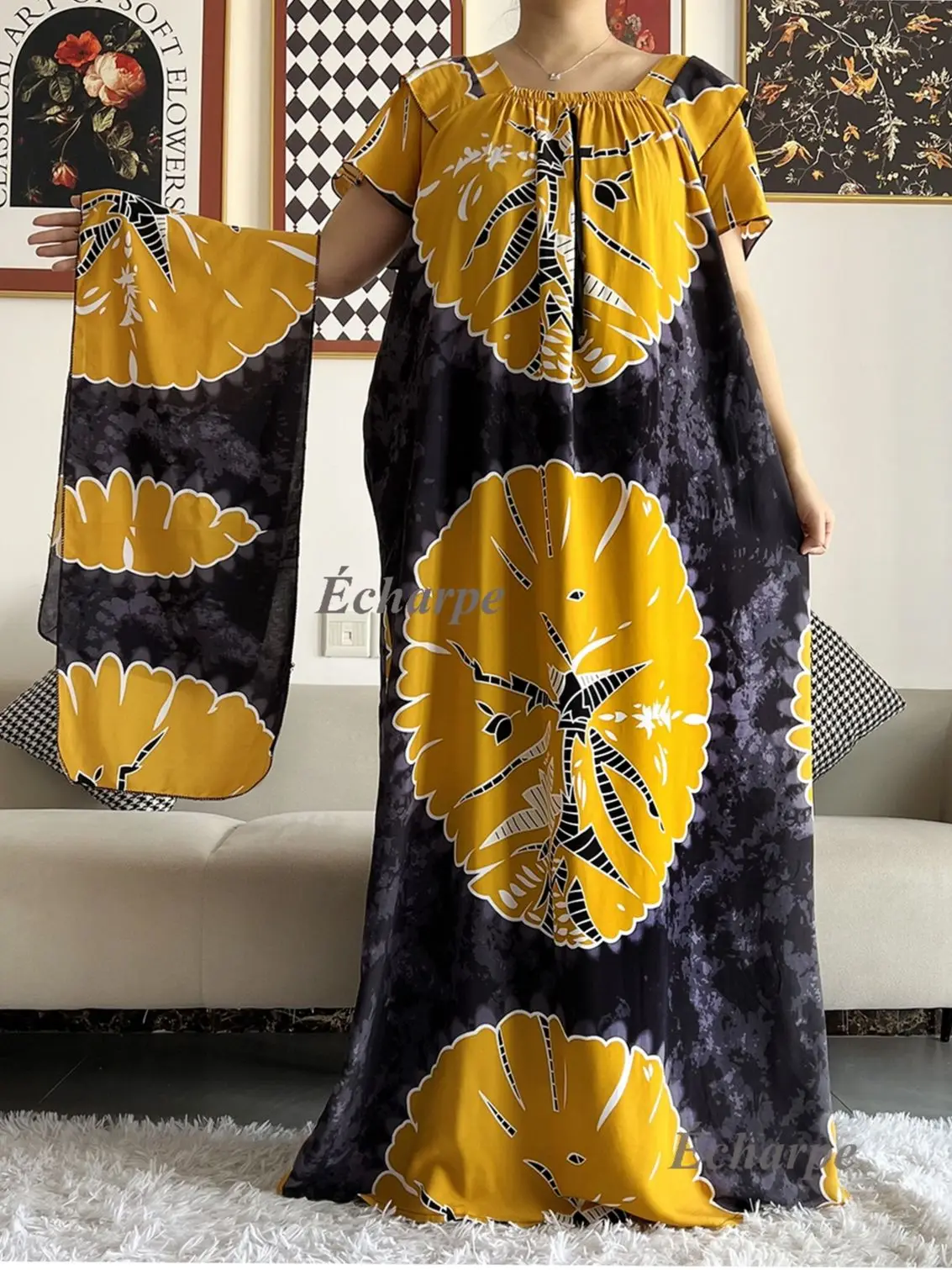 2023 African Dashiki Dress Kaftan Abaya Cotton Boat-neck Floral Dress Printed Short Sleeve Loose Women Casual Dress with Scarf – AliExpress