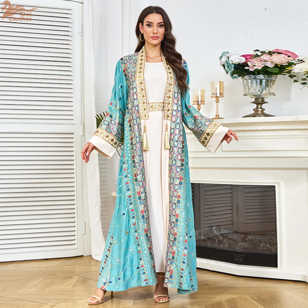2025 Ramadan 2 Piece Set Muslim Abaya Dress with Sequins Embroidery Tassels Women’s Jalabiya Kaftan Eid Party Evening Outfit – AliExpress