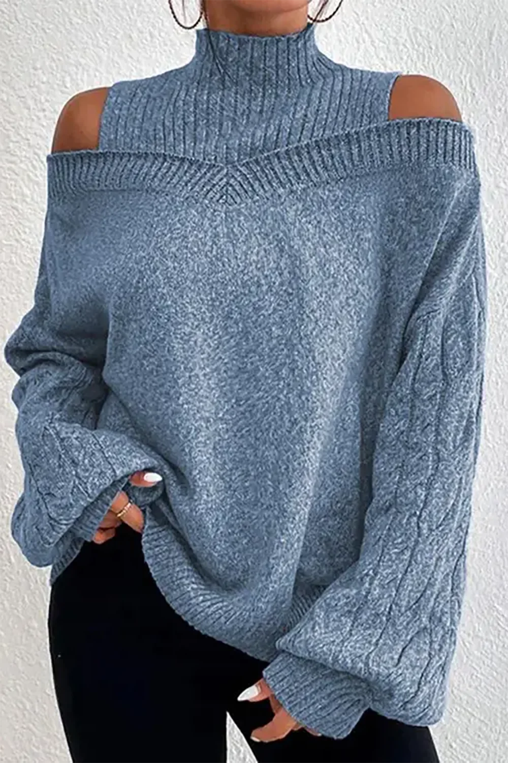 Plus Size Casual Sweater Black Cable Knit Lantern Sleeve Cold Shoulder Sweater – AliExpress 200000345