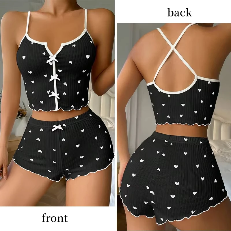 Sexy Sleepwear Women Pajamas Set Heart Print Silk Stain V-Neck Sleeveless Casual Cami Top and Shorts Sets Home Suit Loungewear – AliExpress 200574005