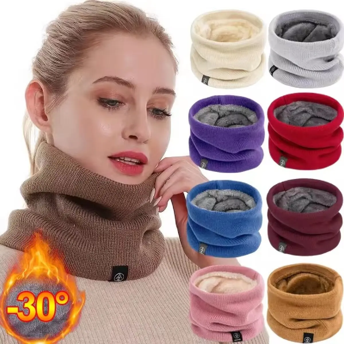 Women’s Solid Plush Silent Wool Knit Fleece Ring, Bandana, Scarf, Neck Warmer, Thick Cashmere Headband, Ski Mask, Winter