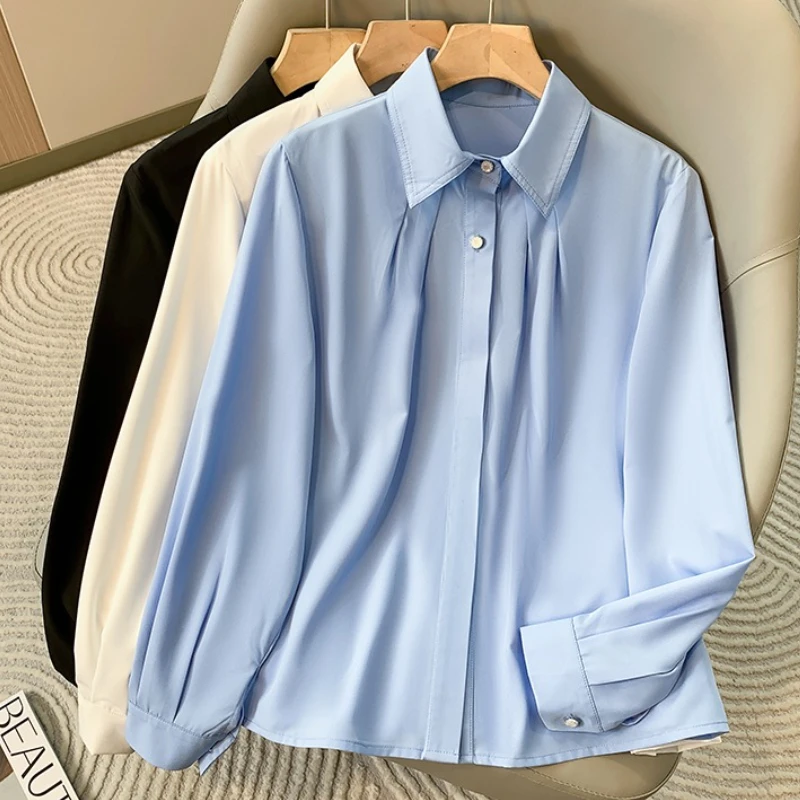 2025 Long-sleeved Lapel Plus Size Shirt New Korean Version Loose Temperament Profession Blouse Solid Hidden Button Down Shirts – AliExpress 200000345