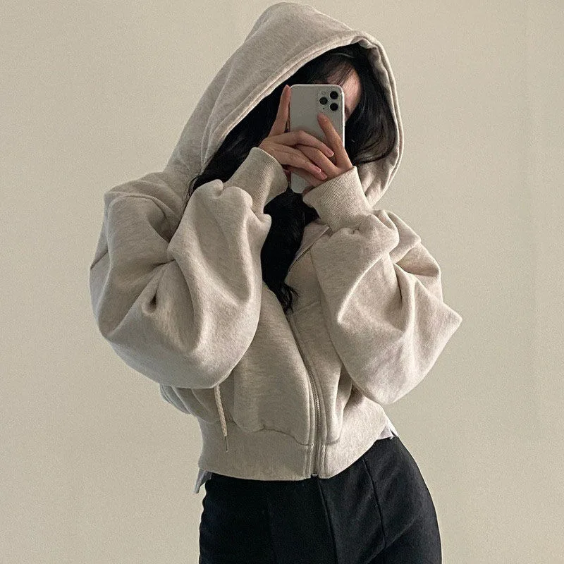 Korean Hood Shirt Women Fashion Fleece Lined Loose Hoodies Zipper Long Sleeve Crop Tops Harajuku Female Jackets Coats Sweatshirt – AliExpress