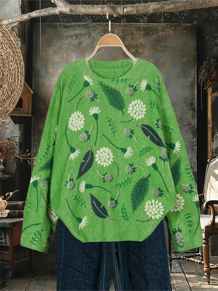 Plus Size Women’s Botanical Floral Pattern Round Neck Pullover Sweater Long Sleeve Autumn and Winter Knit Sweater 2025 New – AliExpress