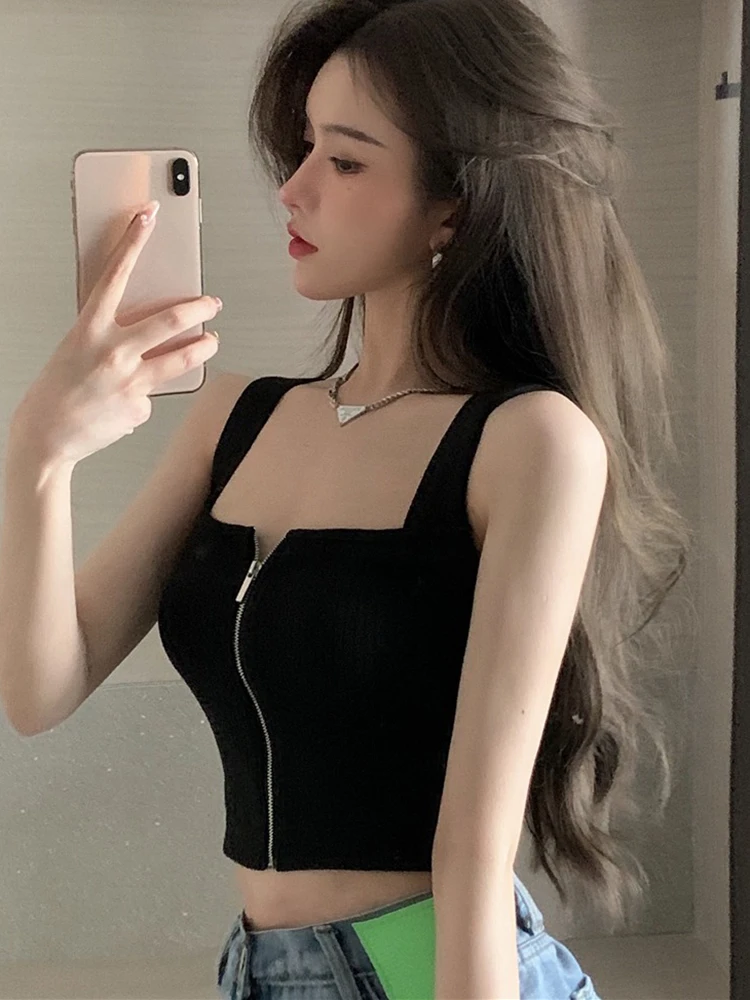 2025 Y2K Top Women Zipper Fly Camisoles Knitted Sexy Summer Tank Tops Sleeveless Female Solid Crop Top – AliExpress 200000345