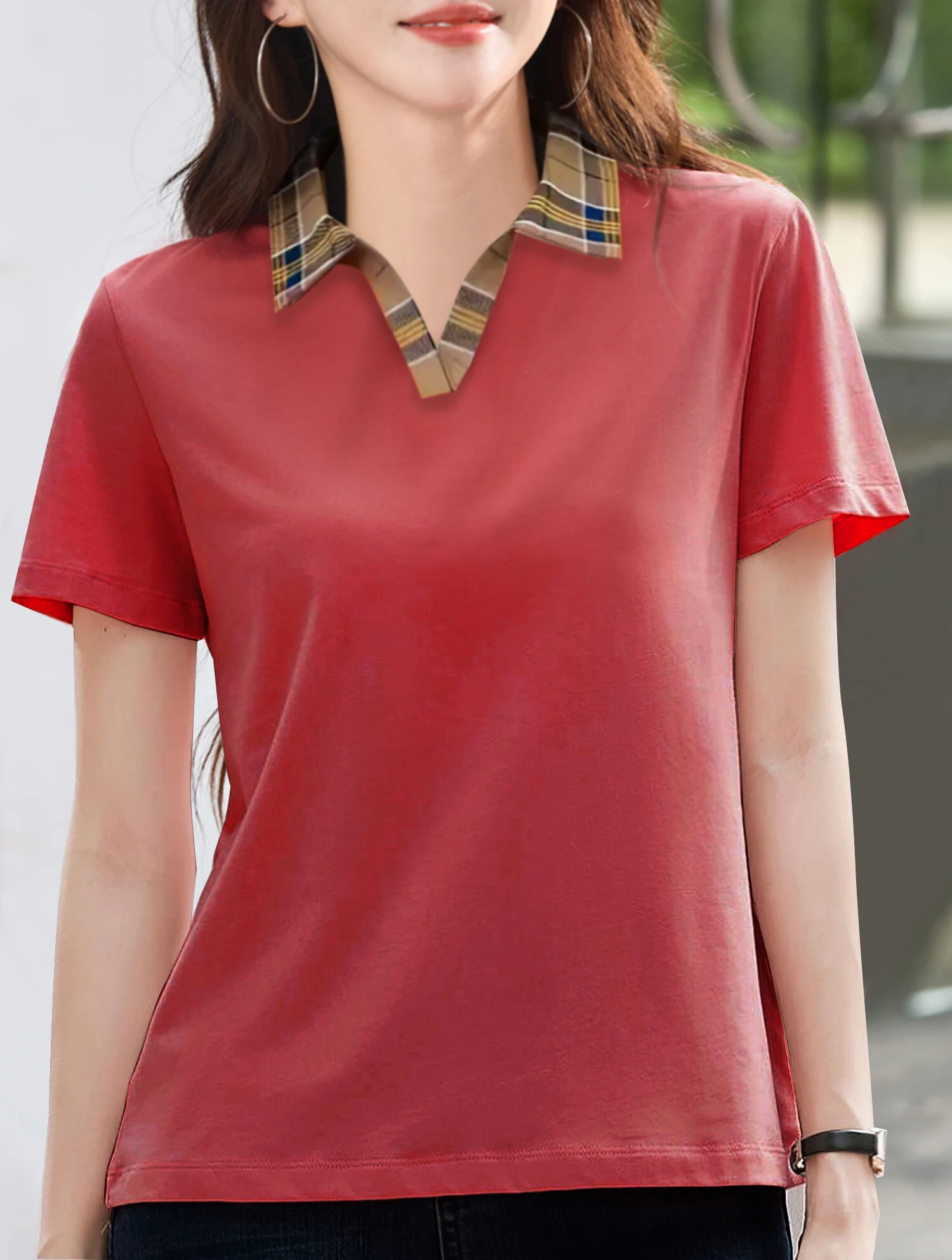 Women’s solid color short-sleeved plaid collar POLO shirt, summer casual fashion knit top, machine washable and dry-cleaned. – AliExpress