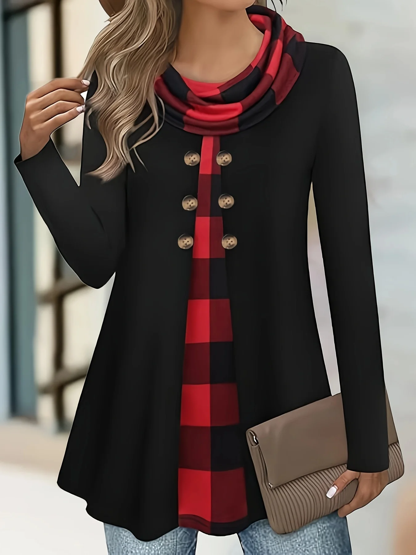 European and American fashion plaid print fake two-piece pleated scarf wild button plus size women’s thin long-sleeved T-shirt – AliExpress 200000345