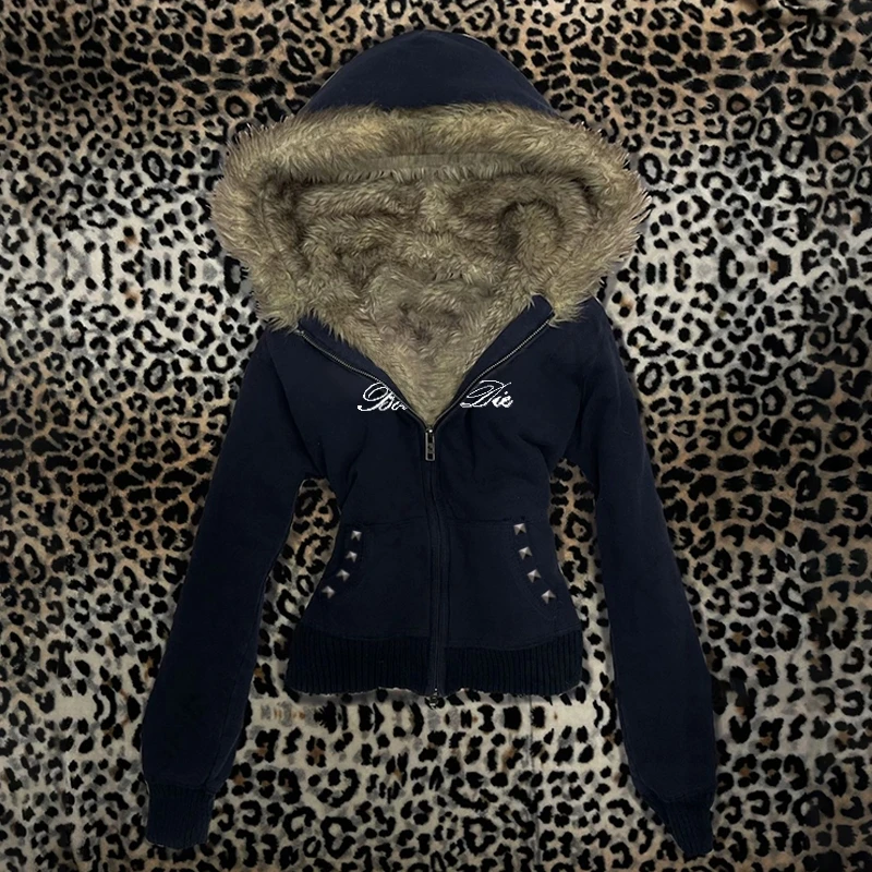 Y2K Harajuku Aesthetic Women’s Fur Collar Hoodie Sexy Slim Chic Casual Solid Color Cardigan Sweatshirt Goth Punk Rock Streetwear – AliExpress