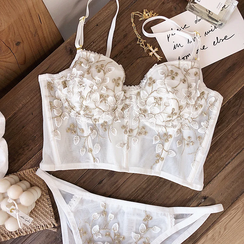 2 Pieces Sexy Lace Flowers Embroidery Underwear Set for Women French Body Shaping Push Up Bra Set Romantic White Lingerie Sets – AliExpress