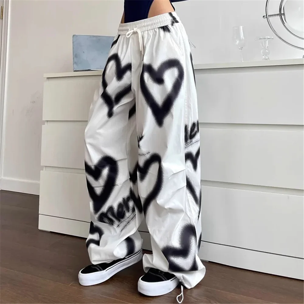 Love Graffiti Wide Leg Pants Women Y2K Elastic High Waist Streetwear Loose Drawstring Jogging Trousers Korean Casual Sweatpants – AliExpress