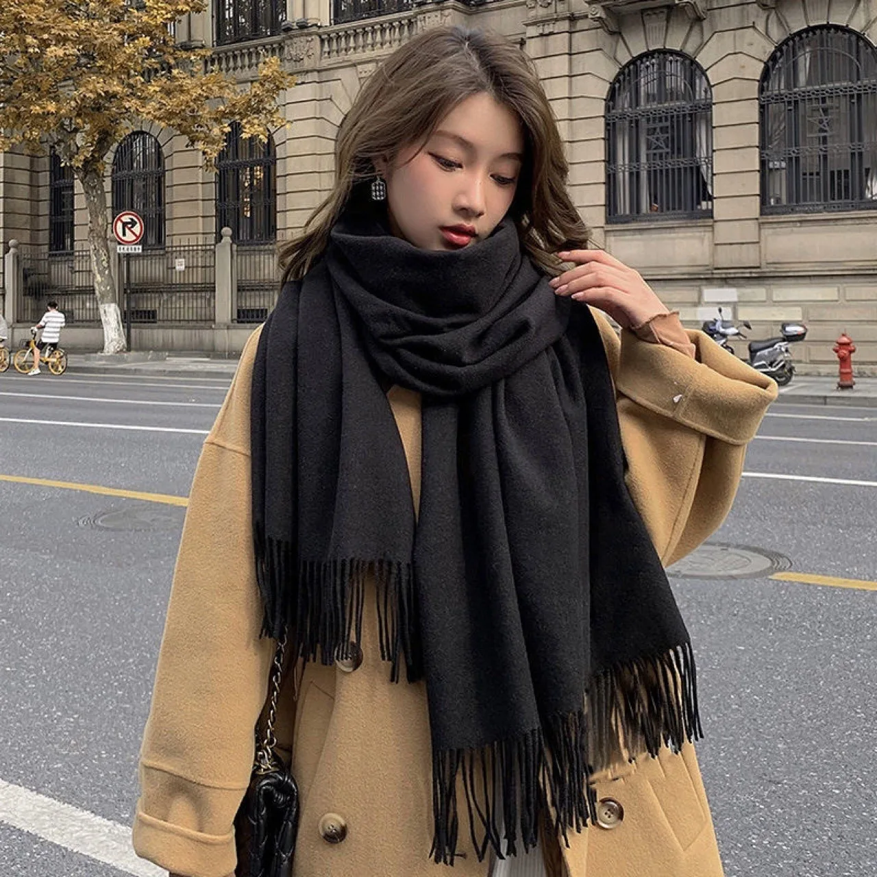 New black cashmere wool scarf for women, warm plaid scarf, winter scarf XWJ07