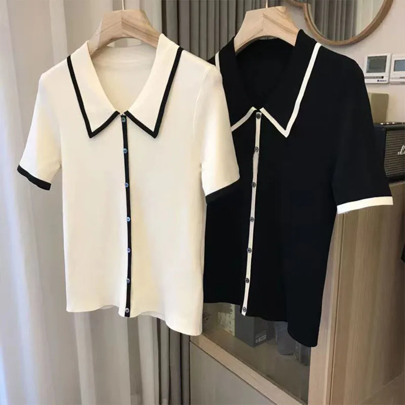 Women Fashion Black White Patchwork Polo Shirts Summer Casual Loose Short Sleeve Knit T-shirt Office Lady Chic Button Pullovers – AliExpress
